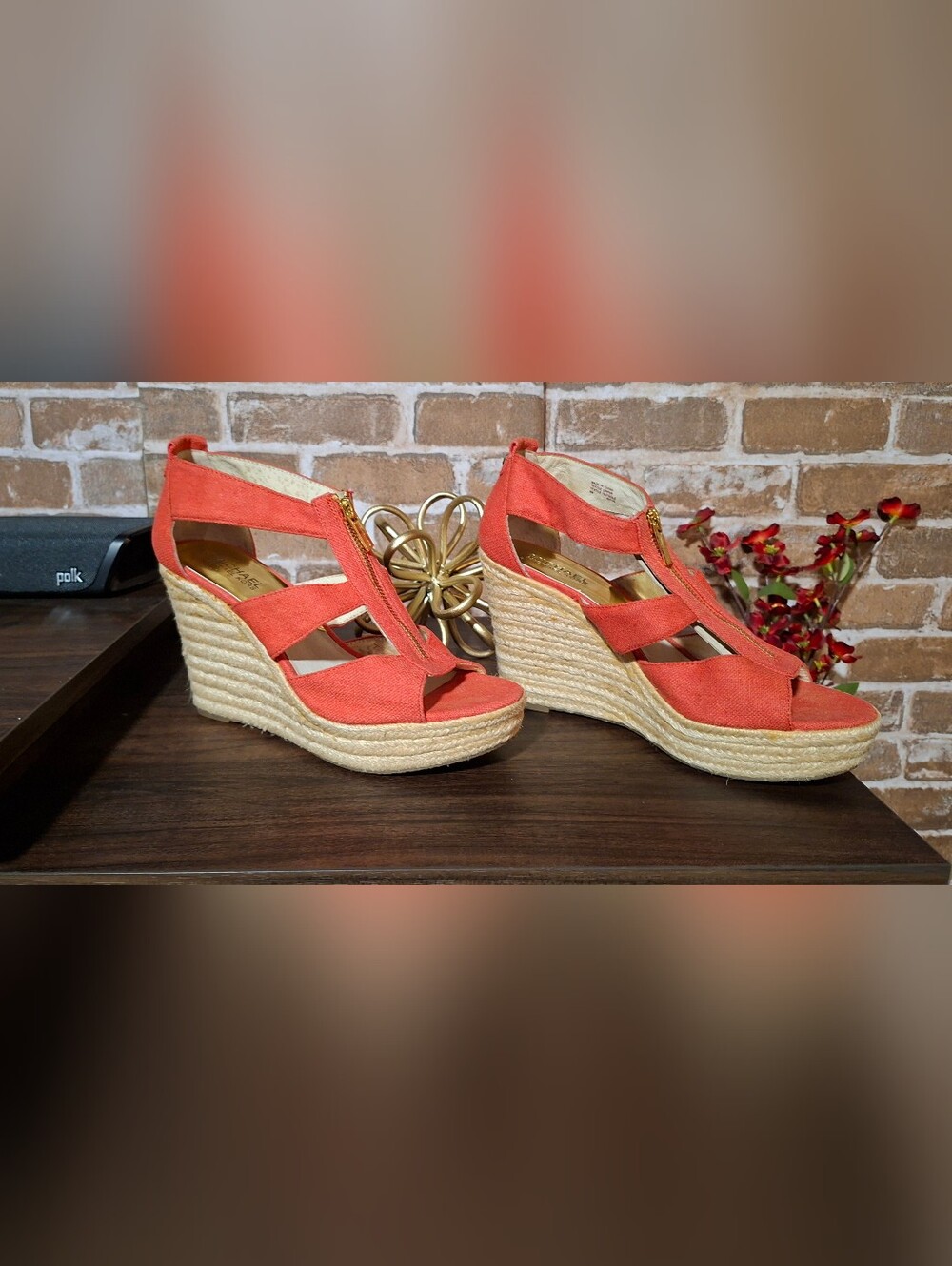 Michael Kors Damita Wedge Sandals Coral Orange Canvas Gold Zip Size 9